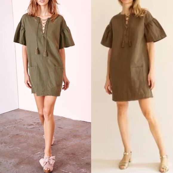 Ulla Johnson Marcelle Mini Dress US 2 Olive Green Tunic Cotton Linen Boho - Picture 1 of 11